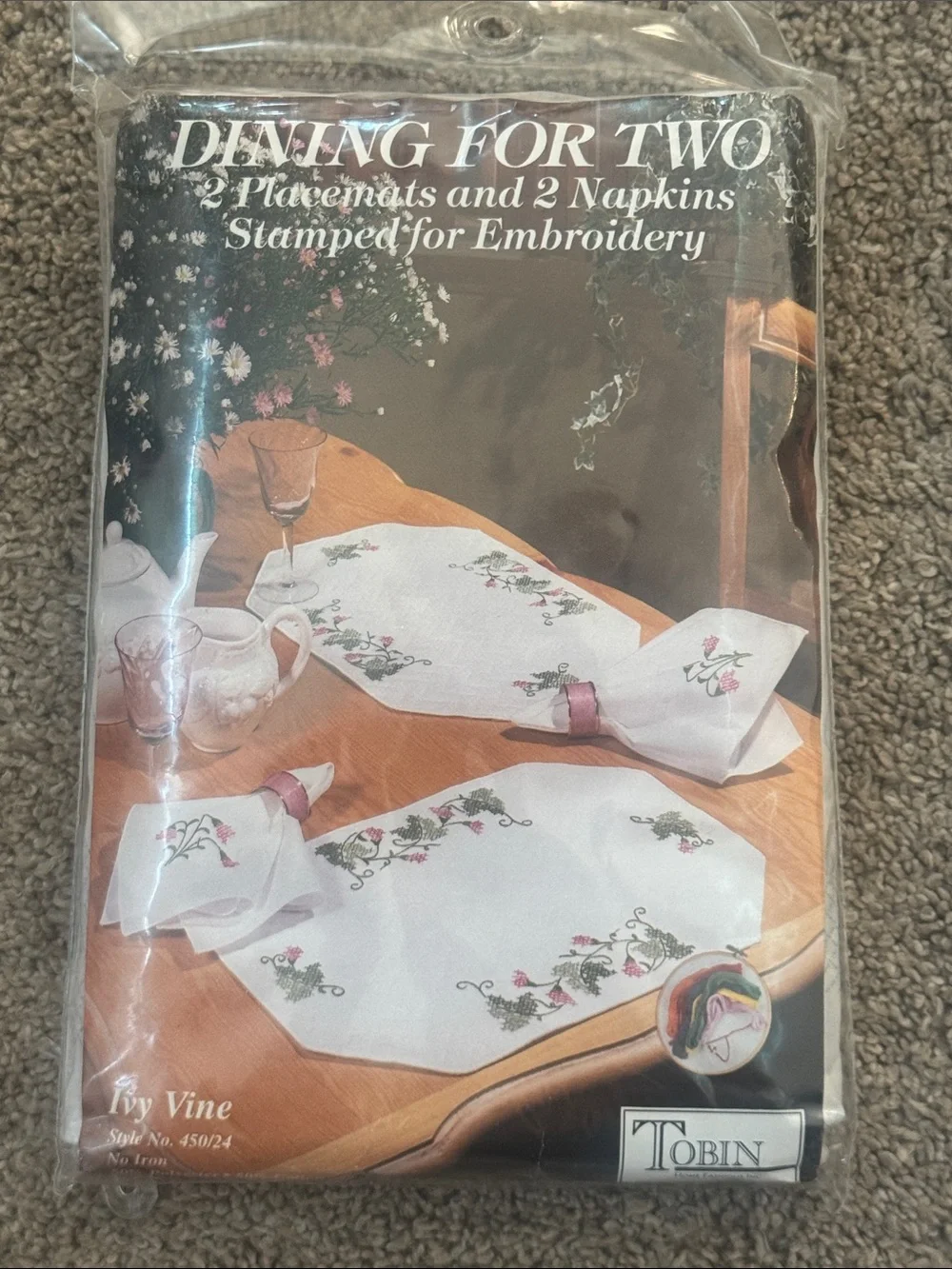 Tobi White Placemat and Napkin Set with Pink & Green Ivy Embroidery